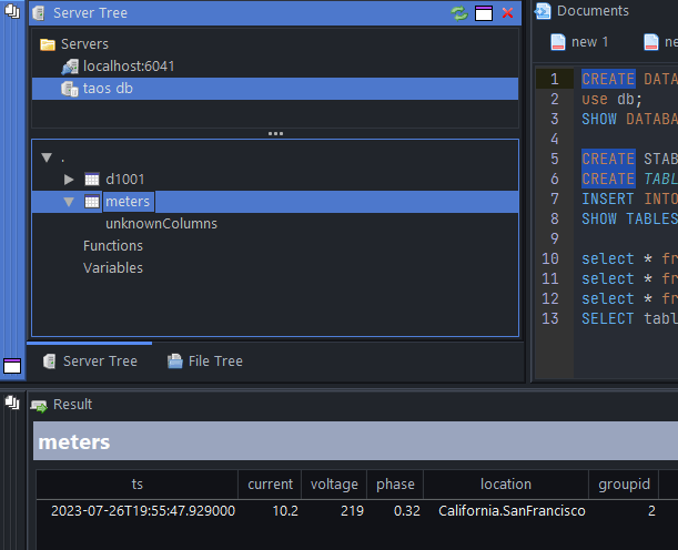 server tree showing the variables that exist on TDEngine